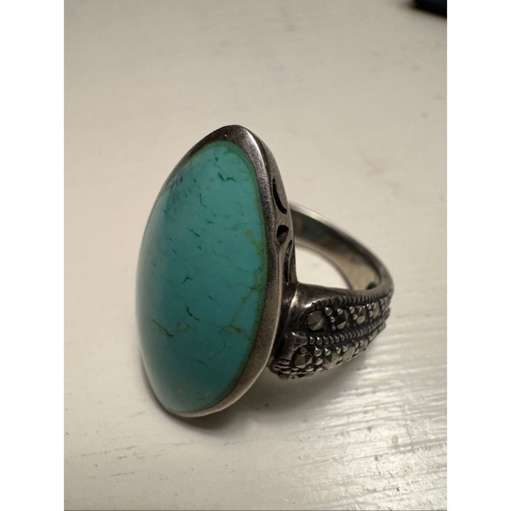 Real Turquoise Sterling Silver Ring • Marquise Statement • Size 8